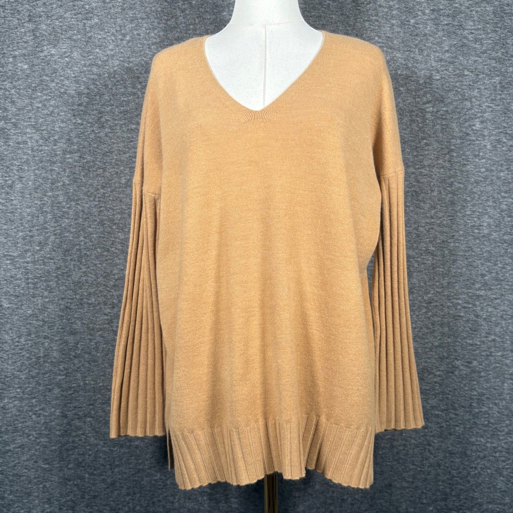 French Connection Camel Tan V-Neck Ribbed Bell Sleeve Knit Sweater Womens XS